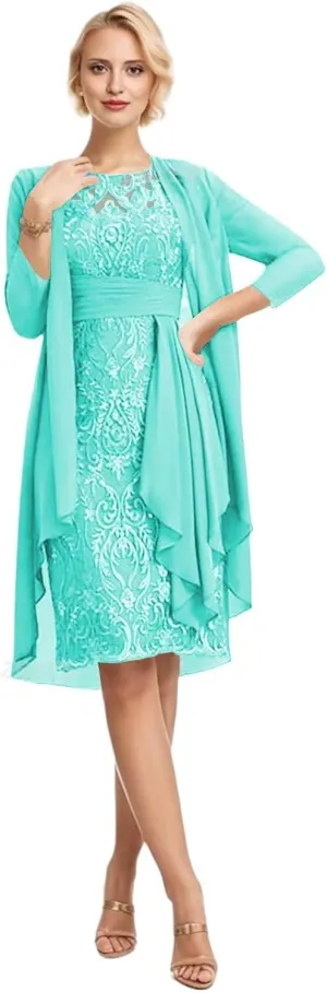 2 Pieces Mother of The Bride Dresses with Jacket Lace Chiffon Formal Wedding Guest Dress