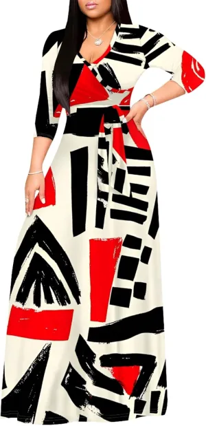 2024 Fall Maxi Dress for Curvy Women Casual Sexy Bodycon V-Neck 3/4 Sleeve Floral Flowy Boho Wrap Sundress with Belt