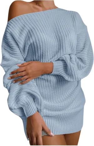2024 Fashion Fall Mini Dress for Women Cold Shoulder Ribbed Neck Dress Loose Fit Casual Sweater Dresses