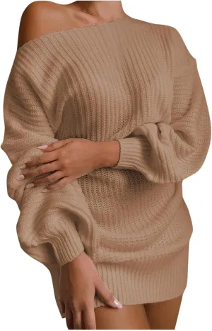 2024 Fashion Fall Mini Dress for Women Cold Shoulder Ribbed Neck Dress Loose Fit Casual Sweater Dresses