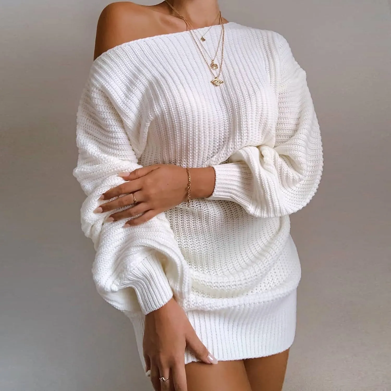 2024 Fashion Fall Mini Dress for Women Cold Shoulder Ribbed Neck Dress Loose Fit Casual Sweater Dresses