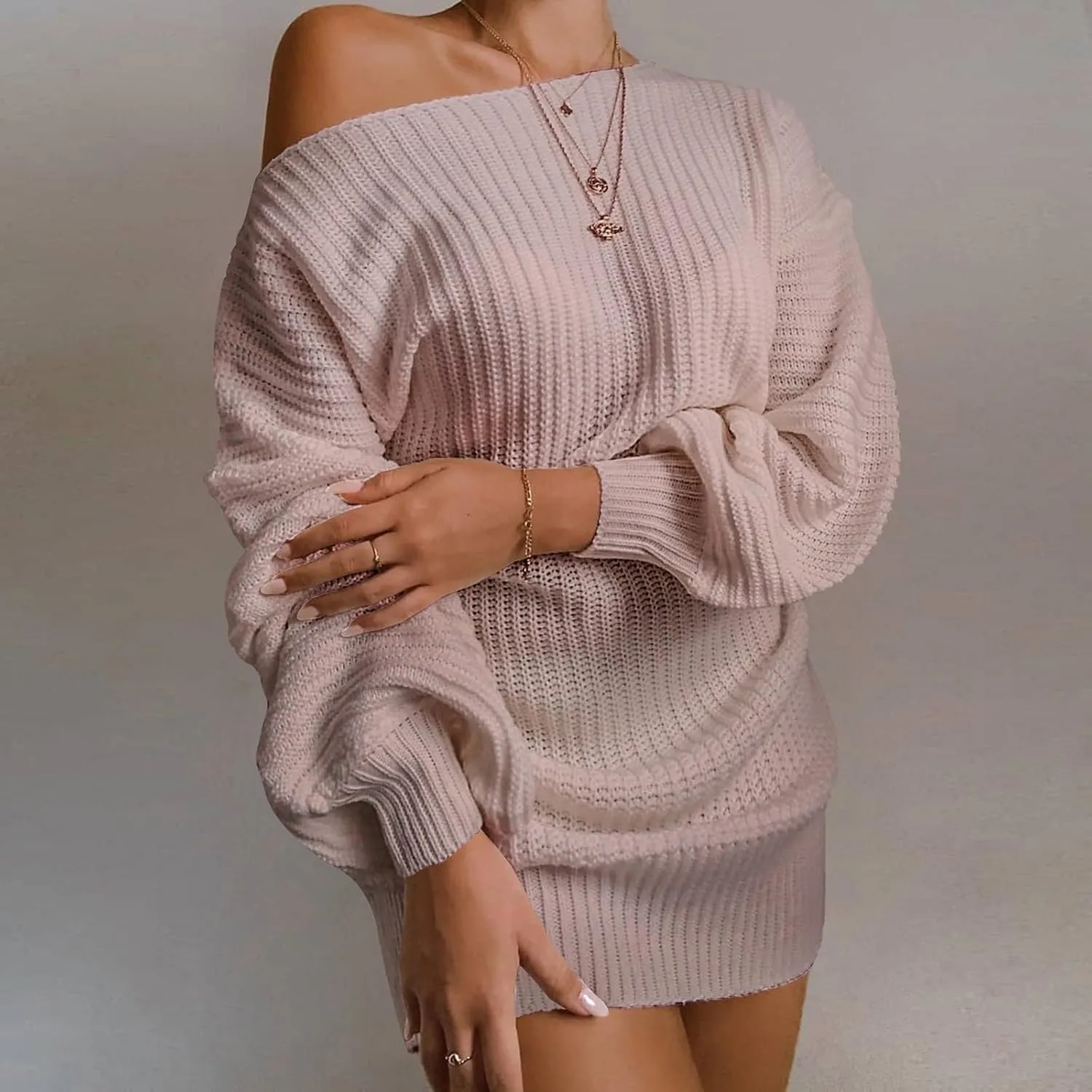 2024 Fashion Fall Mini Dress for Women Cold Shoulder Ribbed Neck Dress Loose Fit Casual Sweater Dresses