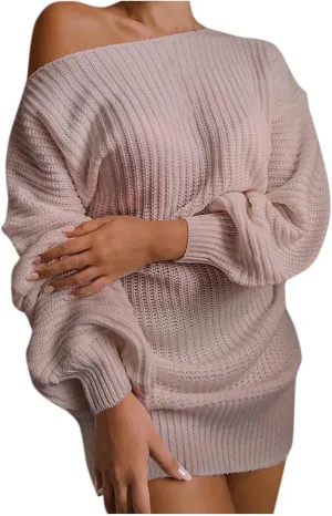 2024 Fashion Fall Mini Dress for Women Cold Shoulder Ribbed Neck Dress Loose Fit Casual Sweater Dresses