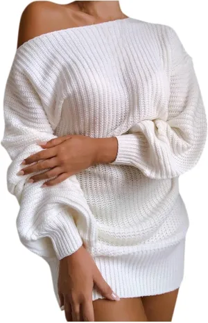 2024 Fashion Fall Mini Dress for Women Cold Shoulder Ribbed Neck Dress Loose Fit Casual Sweater Dresses