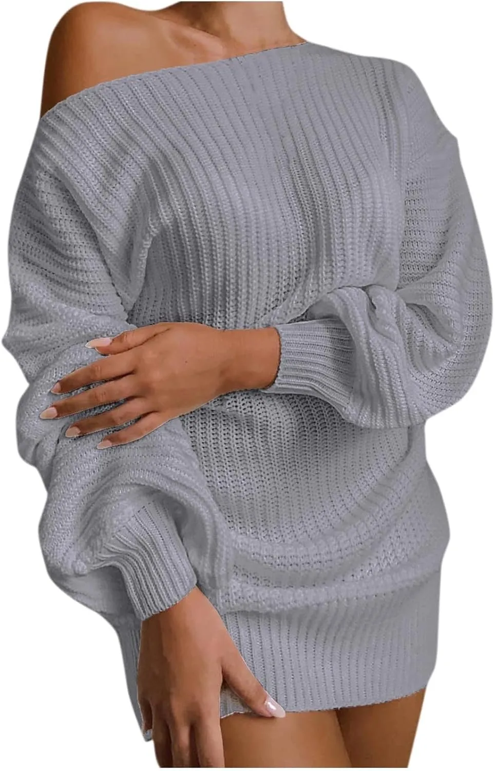 2024 Fashion Fall Mini Dress for Women Cold Shoulder Ribbed Neck Dress Loose Fit Casual Sweater Dresses