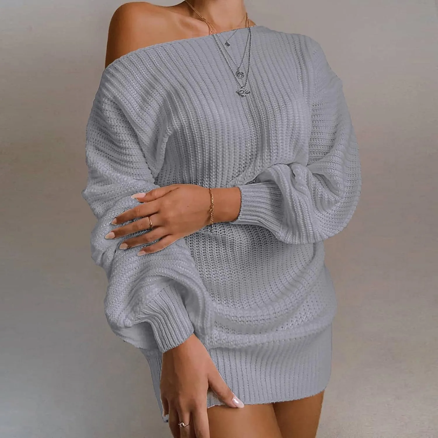 2024 Fashion Fall Mini Dress for Women Cold Shoulder Ribbed Neck Dress Loose Fit Casual Sweater Dresses