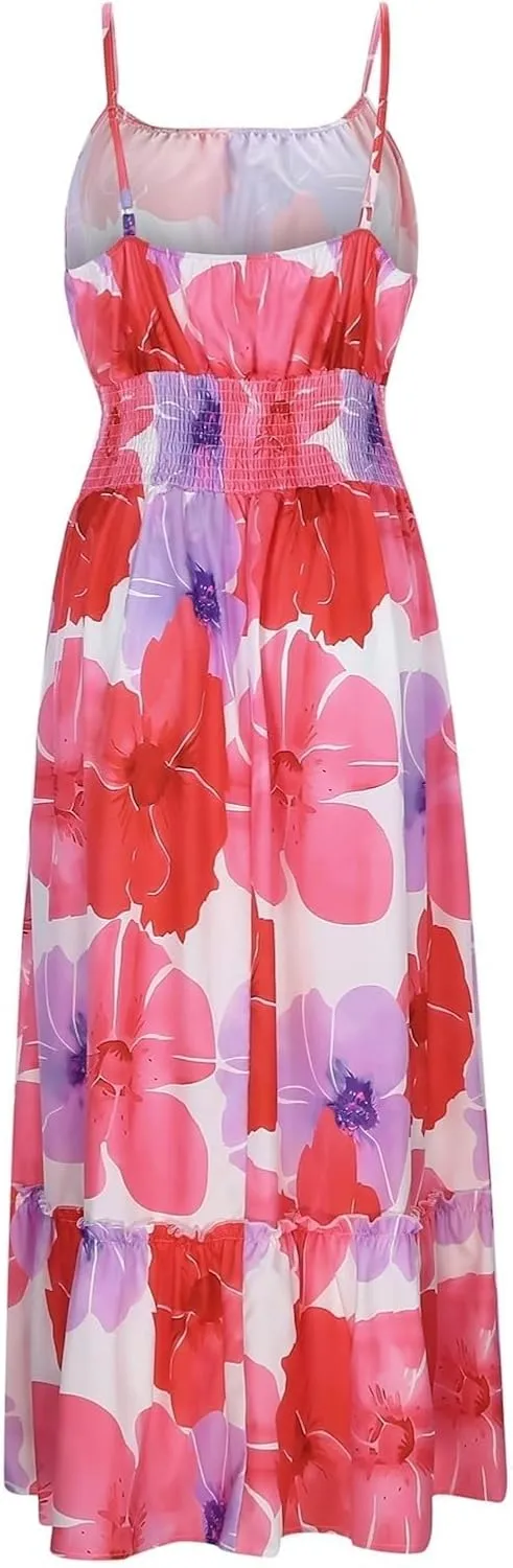 2025 Bohemian Floral Print Dress for Women Summer V Neck Spaghetti Strap Sleeveless Flowy Beach Maxi Dresses