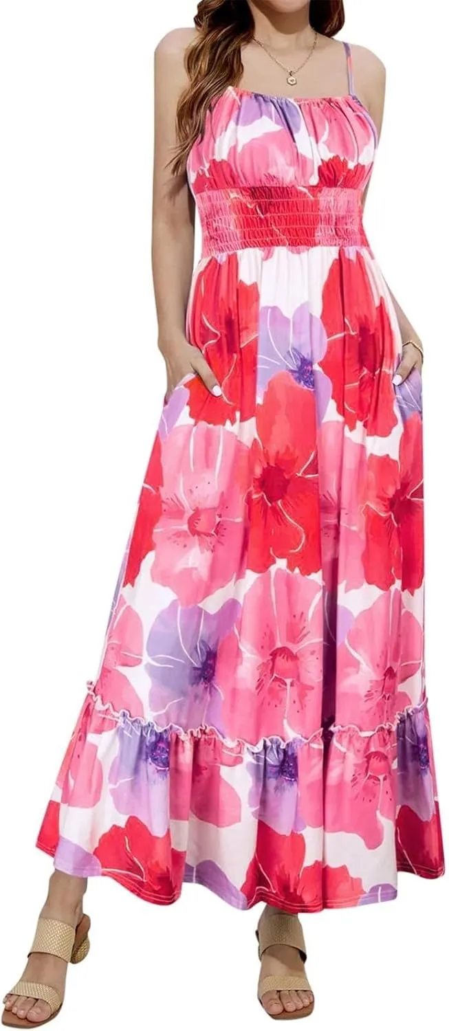 2025 Bohemian Floral Print Dress for Women Summer V Neck Spaghetti Strap Sleeveless Flowy Beach Maxi Dresses
