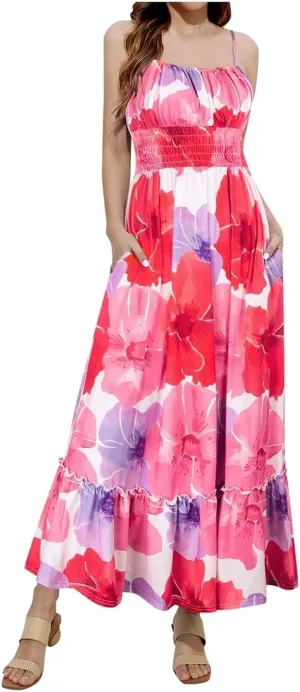 2025 Bohemian Floral Print Dress for Women Summer V Neck Spaghetti Strap Sleeveless Flowy Beach Maxi Dresses