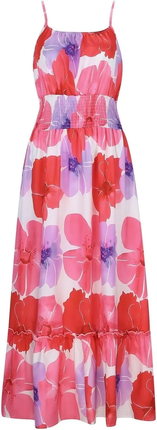 2025 Bohemian Floral Print Dress for Women Summer V Neck Spaghetti Strap Sleeveless Flowy Beach Maxi Dresses