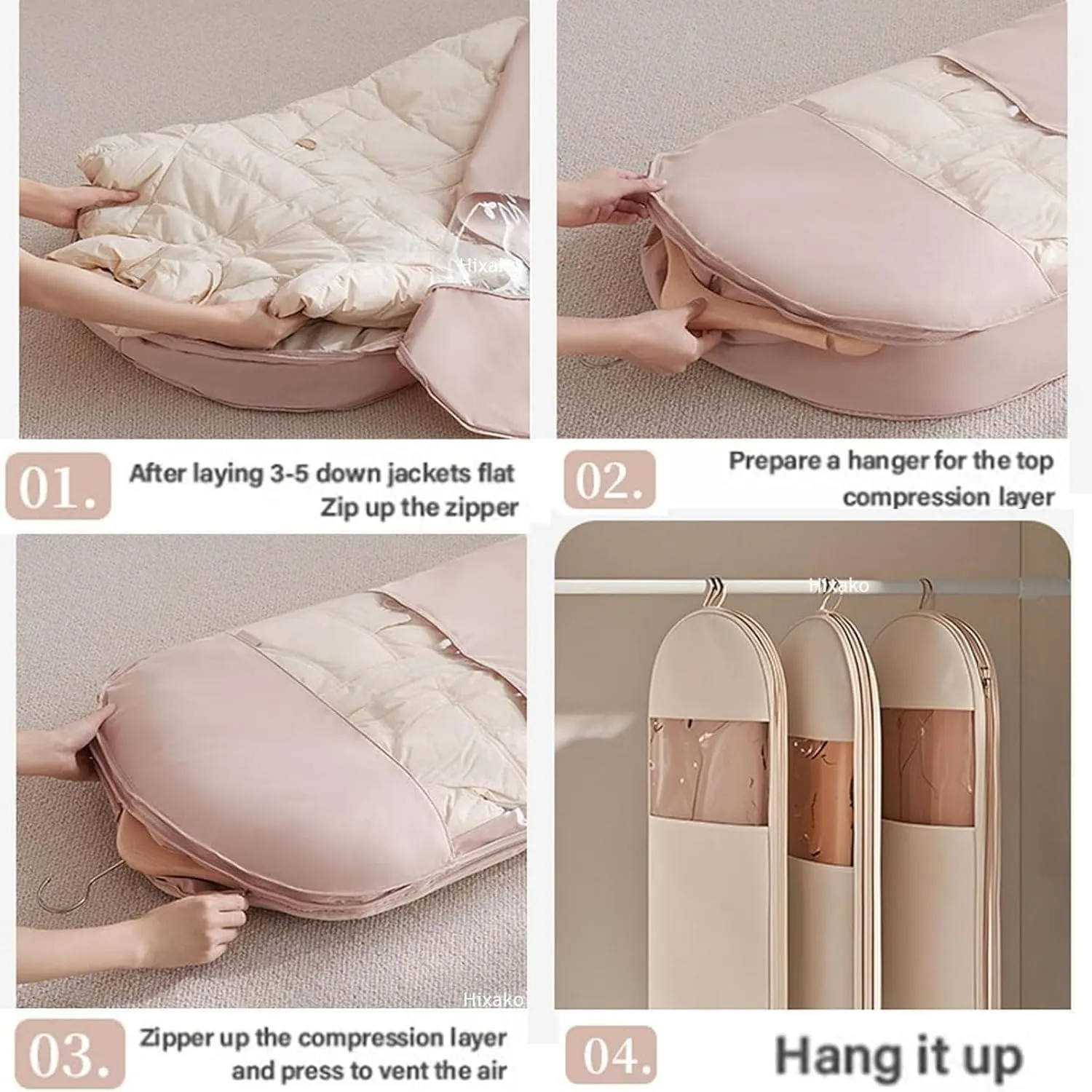 2025 Space Saving Hanging Garment Bag with Self Compression Zipper, Dust Cover Clothes Bags for Down Coat, Otherwisie Space Saver Hanging Garment Bags for Closet Storage (Pink,L)