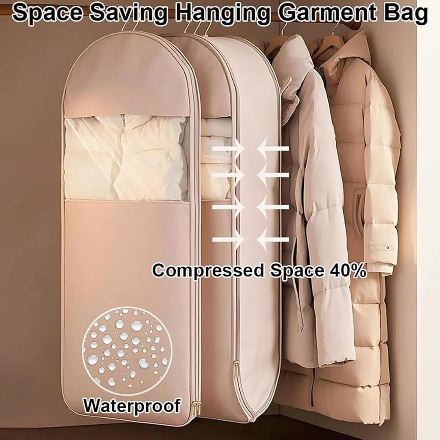 2025 Space Saving Hanging Garment Bag with Self Compression Zipper, Dust Cover Clothes Bags for Down Coat, Otherwisie Space Saver Hanging Garment Bags for Closet Storage (Pink,L)