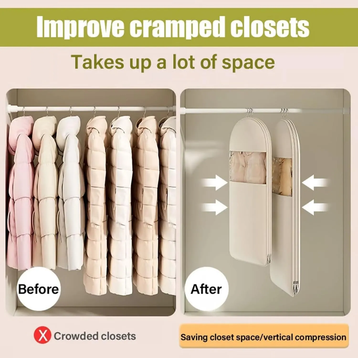 2025 Space Saving Hanging Garment Bag with Self Compression Zipper, Dust Cover Clothes Bags for Down Coat, Otherwisie Space Saver Hanging Garment Bags for Closet Storage (Pink,L)