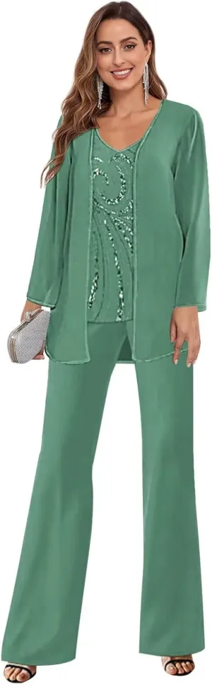 3 Piece Chiffon Mother of The Bride Pant Suits for Women Dressy Beaded Elegant Formal Wedding Pantsuits