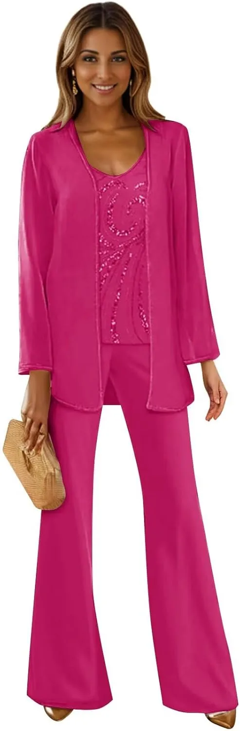 3 Piece Mother of The Bride Pant Suits for Wedding Long Sleeves Formal Pants Outfit with Jacket