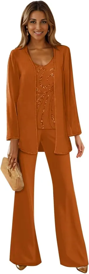 3 Piece Mother of The Bride Pant Suits for Wedding Long Sleeves Formal Pants Outfit with Jacket