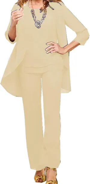 3 Pieces Mother of The Bride Pant Suits for Wedding Chiffon Outfit Sets Formal Evening Gowns with Jacket