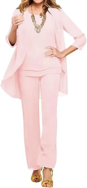 3 Pieces Mother of The Bride Pant Suits for Wedding Chiffon Outfit Sets Formal Evening Gowns with Jacket