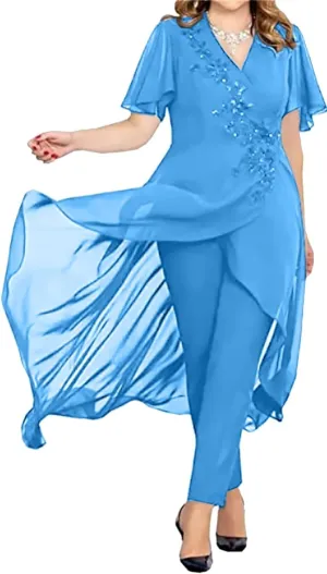 3 Pieces Mother of The Bride Pant Suits for Wedding Long Sleeves Chiffon Pantsuits Formal Evening Outfit with Jacket