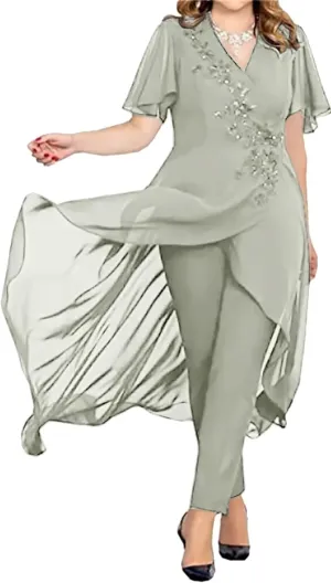3 Pieces Mother of The Bride Pant Suits for Wedding Long Sleeves Chiffon Pantsuits Formal Evening Outfit with Jacket