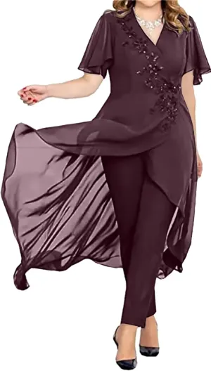 3 Pieces Mother of The Bride Pant Suits for Wedding Long Sleeves Chiffon Pantsuits Formal Evening Outfit with Jacket