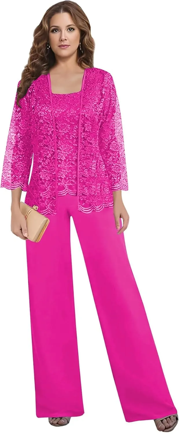 3 Pieces Mother of The Bride Pant Suits for Women Dressy with Jacket Lace Chiffon Long Sleeve Formal Wedding Outfit