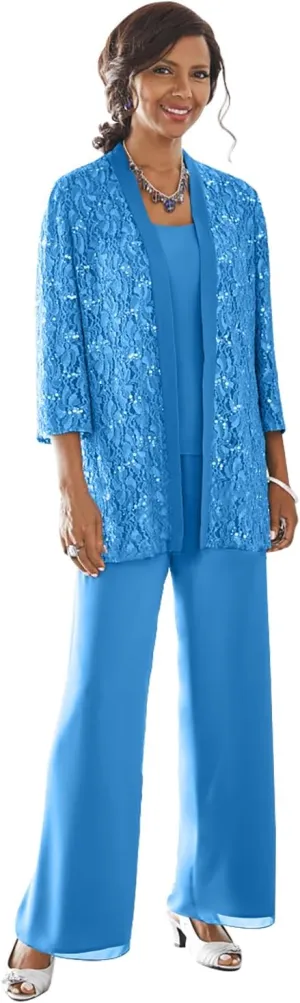 3 Pieces Mother of The Bride Pant Suits with Jacket Long Sleeve Lace Chiffon Pants Suits for Women Dressy
