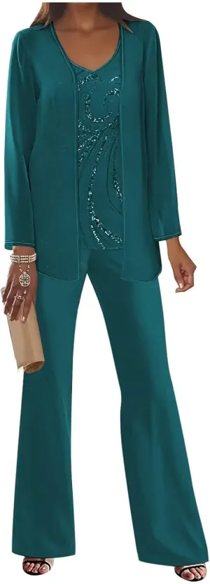 3Pcs Mother of The Bride Dress Pantsuit for Wedding Long Sleeve Lace Formal Outfit with Jacket