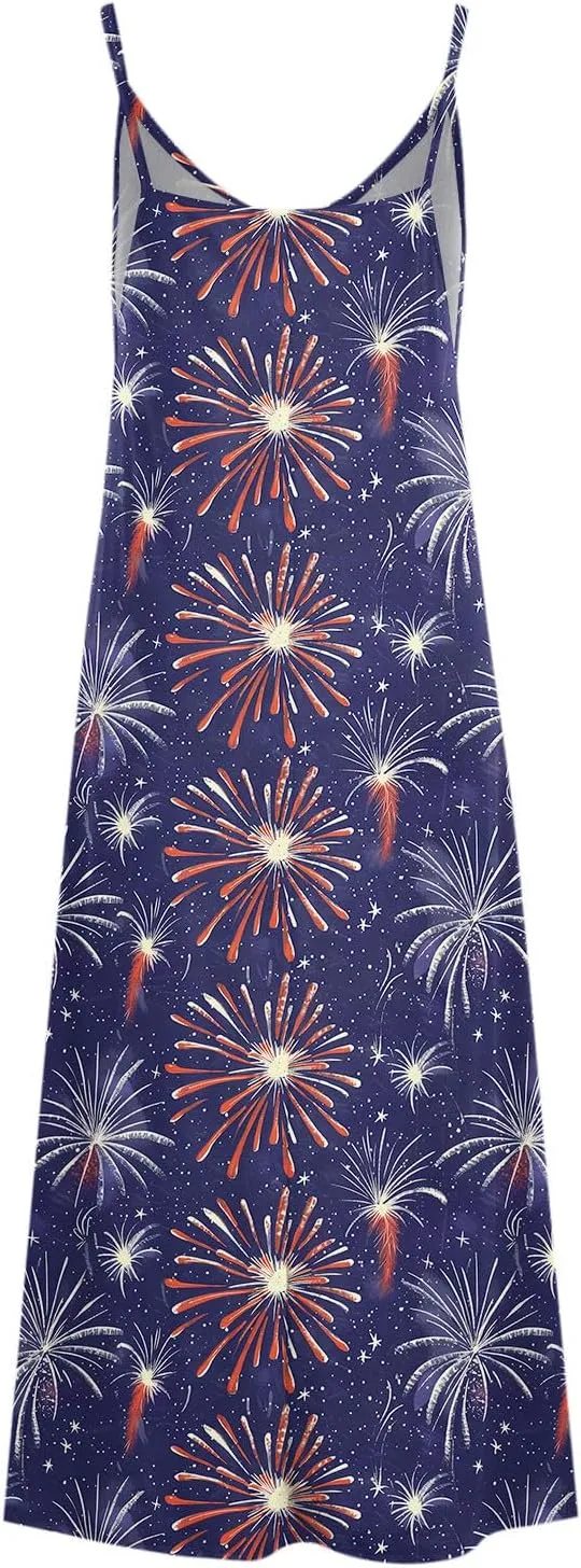 4th of July Dress for Women USA Flag Graphic Sundresses Stars Stripes Printed Independence Day Sleeveless Maxi Dress