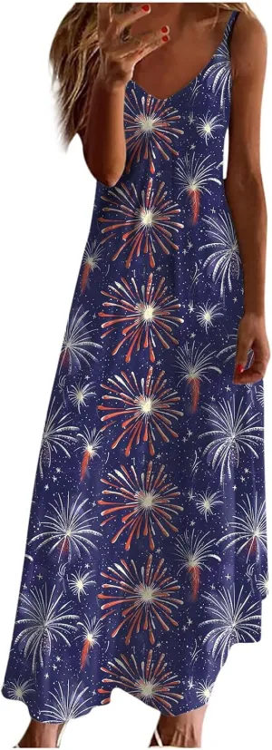 4th of July Dress for Women USA Flag Graphic Sundresses Stars Stripes Printed Independence Day Sleeveless Maxi Dress