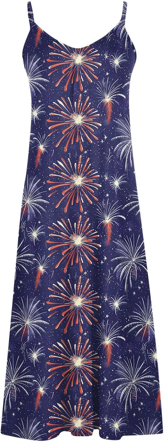 4th of July Dress for Women USA Flag Graphic Sundresses Stars Stripes Printed Independence Day Sleeveless Maxi Dress