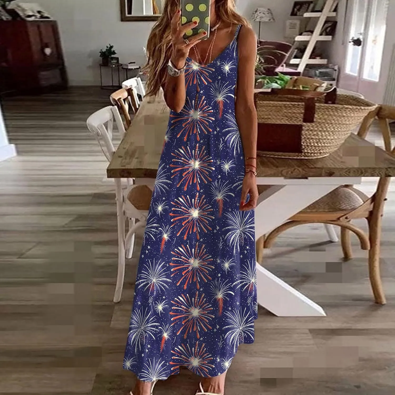 4th of July Dress for Women USA Flag Graphic Sundresses Stars Stripes Printed Independence Day Sleeveless Maxi Dress