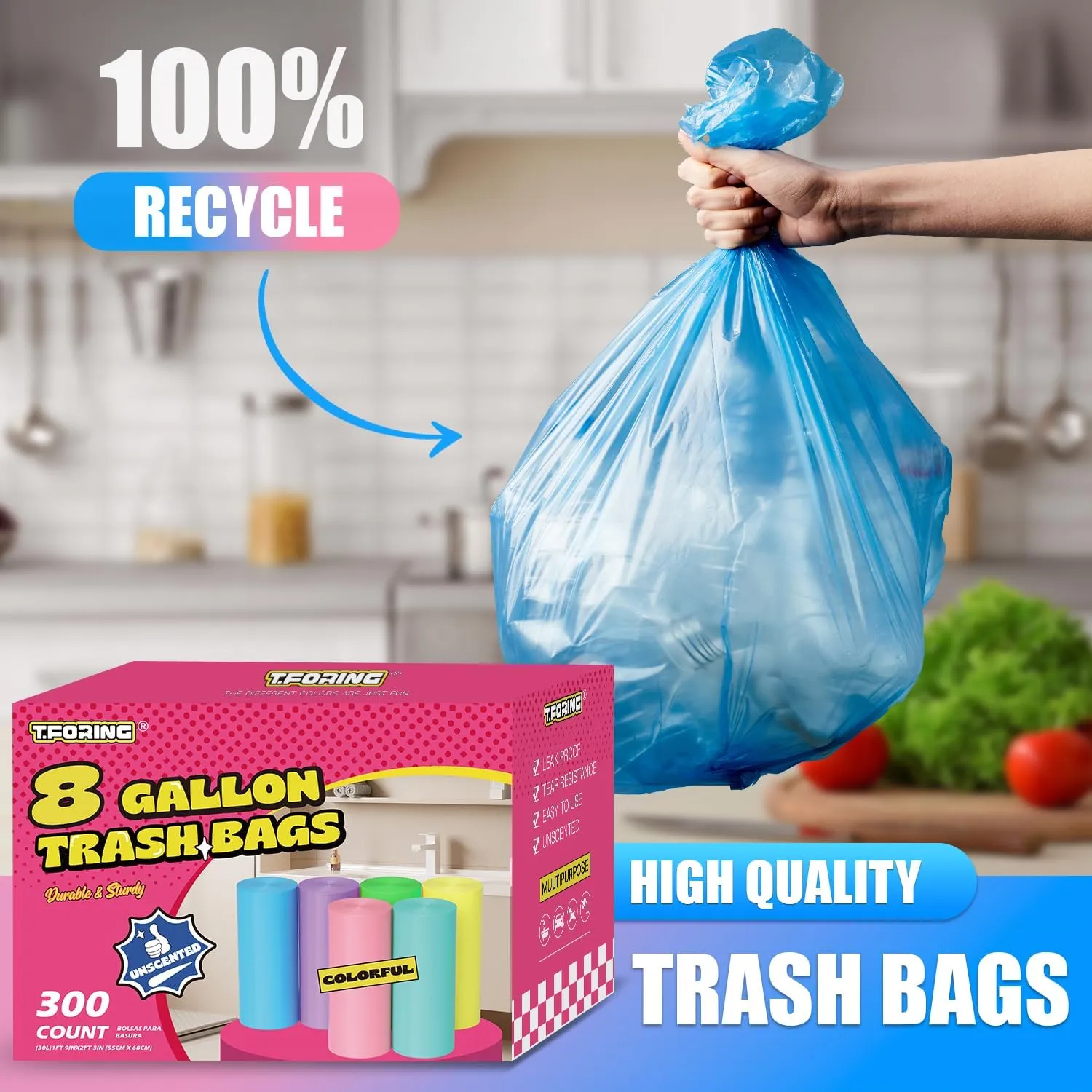 8 Gallon Trash Bags - 300 Count Heavy Duty Medium Garbage Bags 30 Liter Unscented 0.94 Mil Thick & Leakproof Wastebasket Liners for Kitchen Bathroom Home