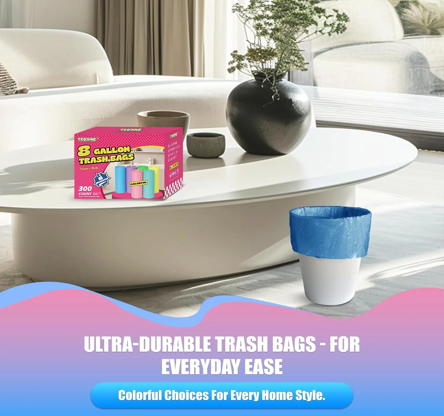 8 Gallon Trash Bags - 300 Count Heavy Duty Medium Garbage Bags 30 Liter Unscented 0.94 Mil Thick & Leakproof Wastebasket Liners for Kitchen Bathroom Home