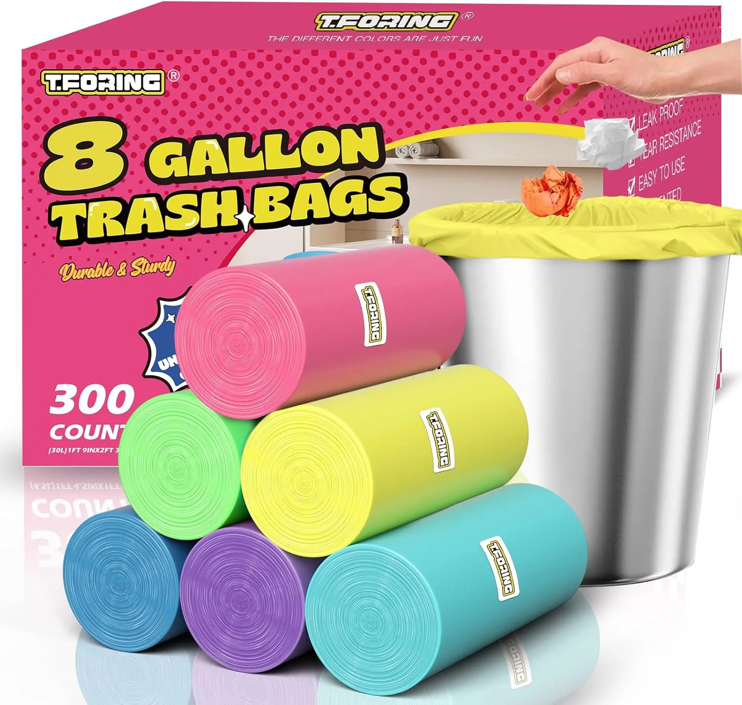 8 Gallon Trash Bags - 300 Count Heavy Duty Medium Garbage Bags 30 Liter Unscented 0.94 Mil Thick & Leakproof Wastebasket Liners for Kitchen Bathroom Home