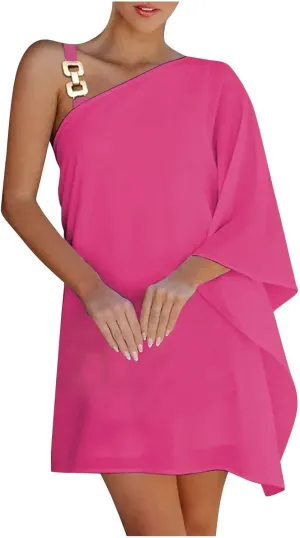 ADHOWBEW Summer Dress for Women,Fashion One Shoulder Batwing Sleeve Mini Dress Loose Fit Casual Flowy Floral Print Cute Dress