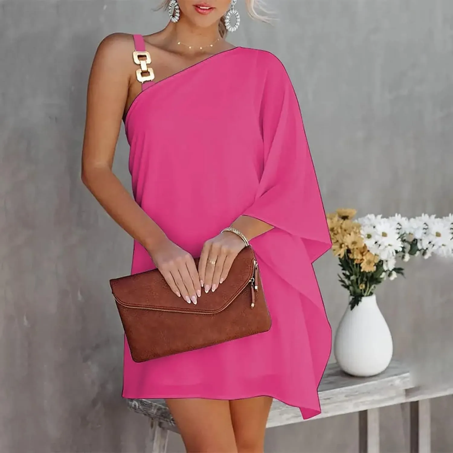 ADHOWBEW Summer Dress for Women,Fashion One Shoulder Batwing Sleeve Mini Dress Loose Fit Casual Flowy Floral Print Cute Dress
