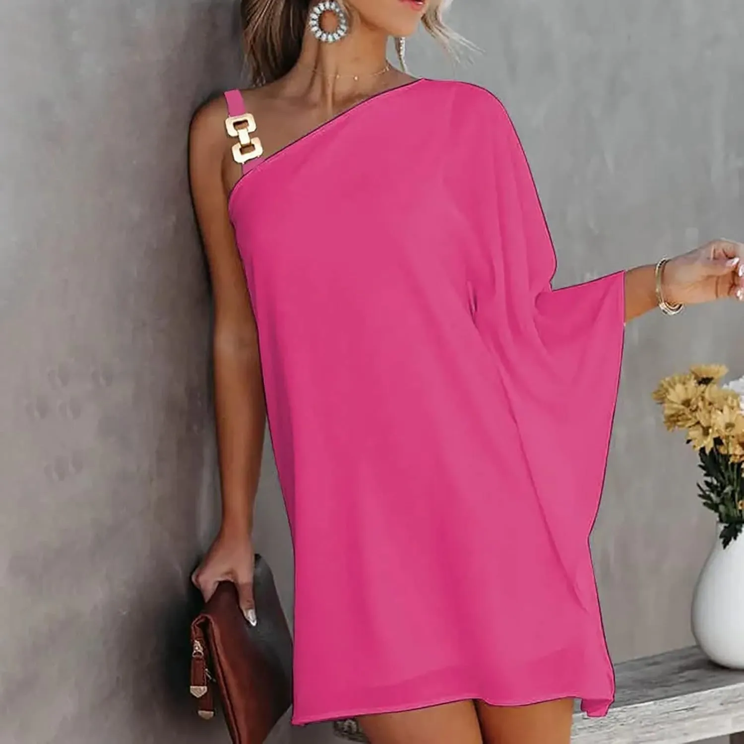 ADHOWBEW Summer Dress for Women,Fashion One Shoulder Batwing Sleeve Mini Dress Loose Fit Casual Flowy Floral Print Cute Dress