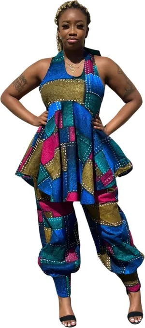 African Print Two-Piece Set, Patchwork Halter Top and Harem Pants, Blue Teal Gold Pink