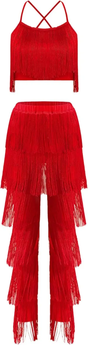 Aislor Women's 2 Piece Latin Dance Costume Tassel Camisole Tops Fringe Pants Modern Salsa Ballroom Outfits