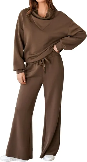 Aleumdr Womens 2 Piece Outfits Sweatsuit Set 2025 Fall Drawstring Sweatshirt Wide Leg Sweatpant Lounge Set Tracksuit Brown Medium