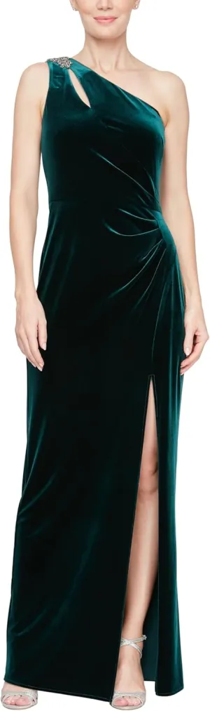 Alex Evenings Women's Long One Ruched Waist Formal Gown with Beaded Trim on Shoulder, Wedding Guest, Party Dress, Forest Velvet