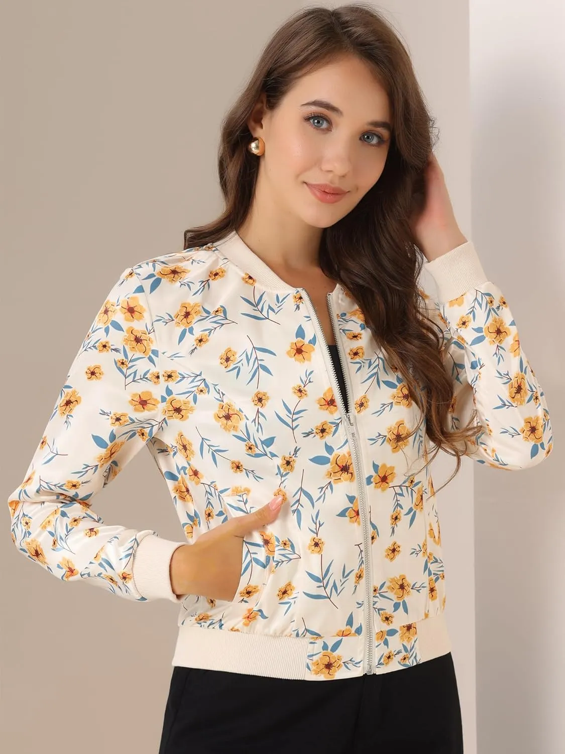 Allegra K Women's Bomber Jacket Long Sleeve Casual Coat Zipper Floral Print Outwear Tops Windbreaker with Pocket