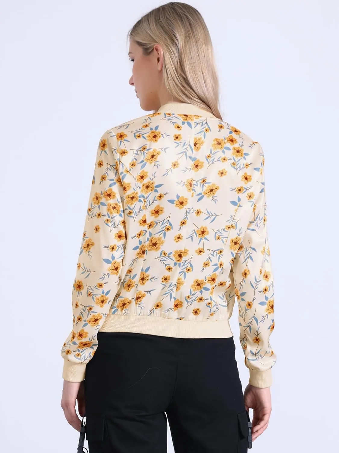 Allegra K Women's Bomber Jacket Long Sleeve Casual Coat Zipper Floral Print Outwear Tops Windbreaker with Pocket