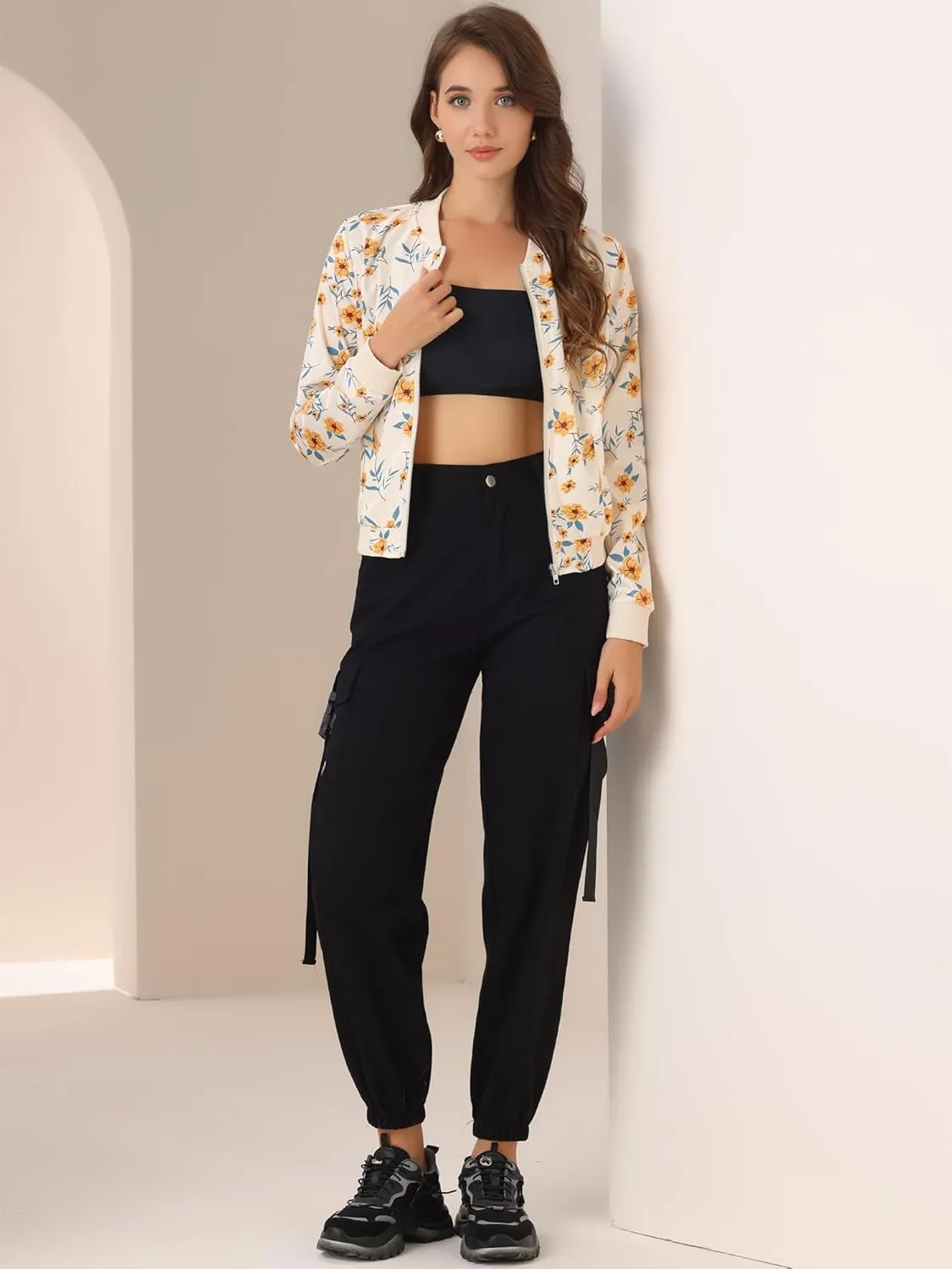 Allegra K Women's Bomber Jacket Long Sleeve Casual Coat Zipper Floral Print Outwear Tops Windbreaker with Pocket