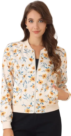 Allegra K Women's Bomber Jacket Long Sleeve Casual Coat Zipper Floral Print Outwear Tops Windbreaker with Pocket