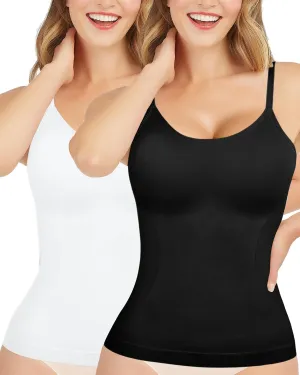 AURUZA 2pcs Women's Shapewear Tummy Control Scoop Neck Camisole Tops for Women Seamless Compression Tank Top Regular and Plus Size, XL, Black   White