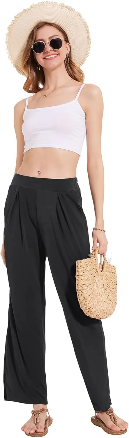 BATHRINS Women's Drawstring High Waisted Straight Long Trousers Pants with Pockets