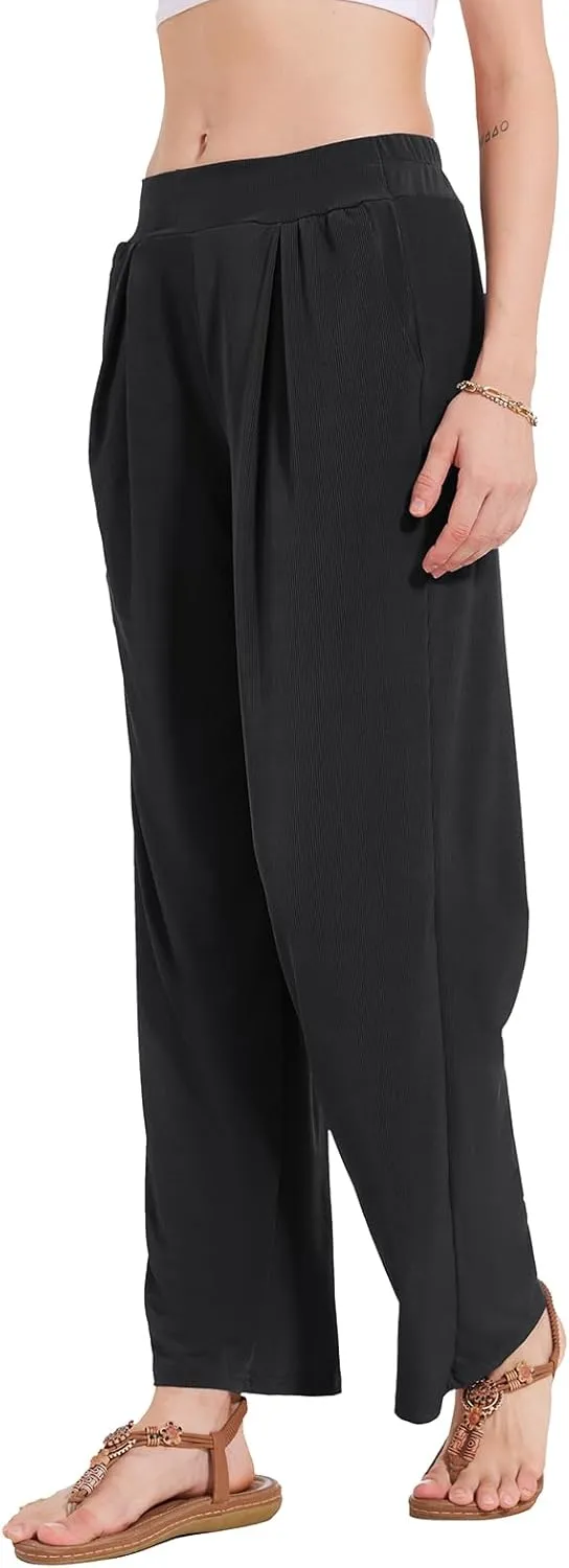 BATHRINS Women's Drawstring High Waisted Straight Long Trousers Pants with Pockets