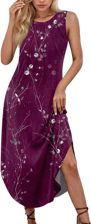 BAXLIMEK Sundresses for Women,2025 Spring Summer Casual Crewneck Sleeveless Maxi Dress,Flowy Side Slit Curved Hem Beach Dress